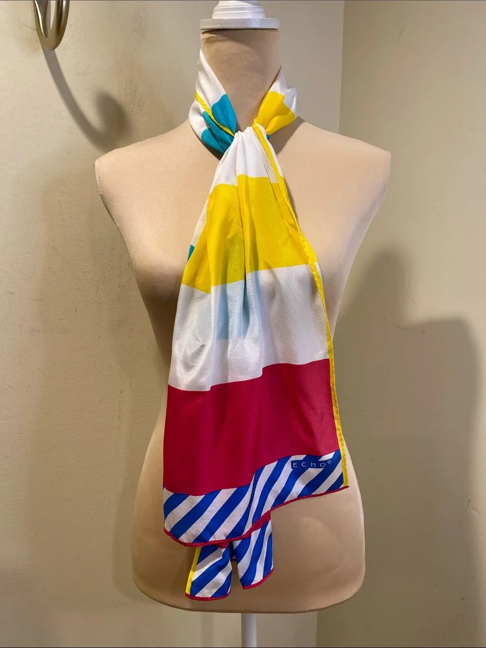Echo Multicolor Silk Scarf with Teal, Fuchsia & White Panels